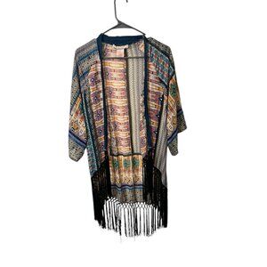 Flying Tomato Womens Multicolor Boho Kimono Cardigan W/ Fringe Hem Small